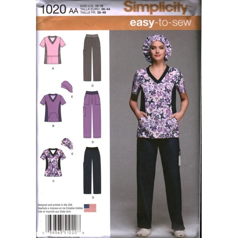 Simplicity 1020 BB Sewing Pattern Women Scrub Tops Pants Hat Size 10 - 18 Uncut
